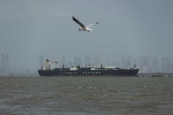 A bird flies near a vessel transferring LPG in Mumbai, India, on April 1 after transiting the Strait of Hormuz, through which Korea obtains most of its oil imports. [REUTERS/YONHAP]