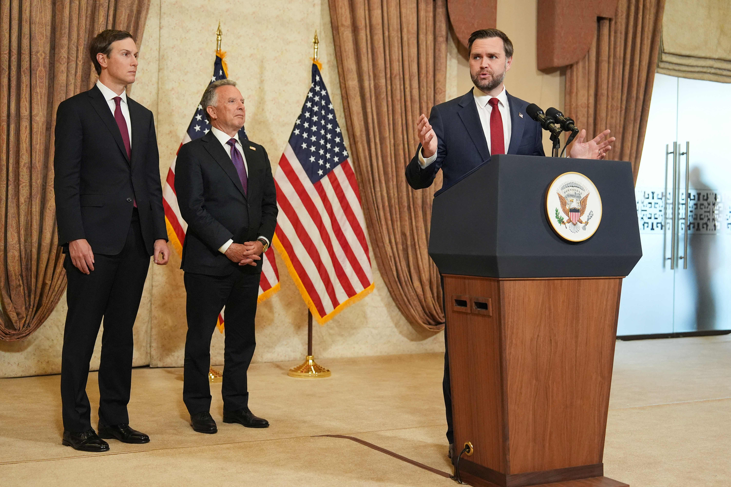 U.S. Vice President JD Vance (R) speaks during a news conference after meeting with representatives from Pakistan and Iran, as U.S. President Donald Trump's son-in-law Jared Kushner (L) and U.S. Special Envoy to the Middle East Steve Witkoff (C) watch, in Islamabad on April 12. Iran and the United States failed to reach an agreement to end the war in the Middle East, U.S. Vice President JD Vance said April 12 after marathon talks in Islamabad, adding that he was leaving negotiations after giving Tehran the ″final and best offer″. [AFP/YONHAP]