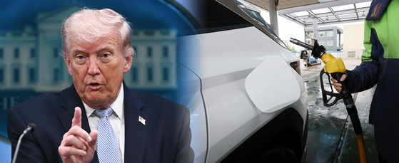 From left, U.S. President Donald Trump speaks about the conflict in Iran at the White House on April 6 in Washington; A man fills a car with fuel at a gas station in Gwangju on April 9. [AFP/YONHAP]