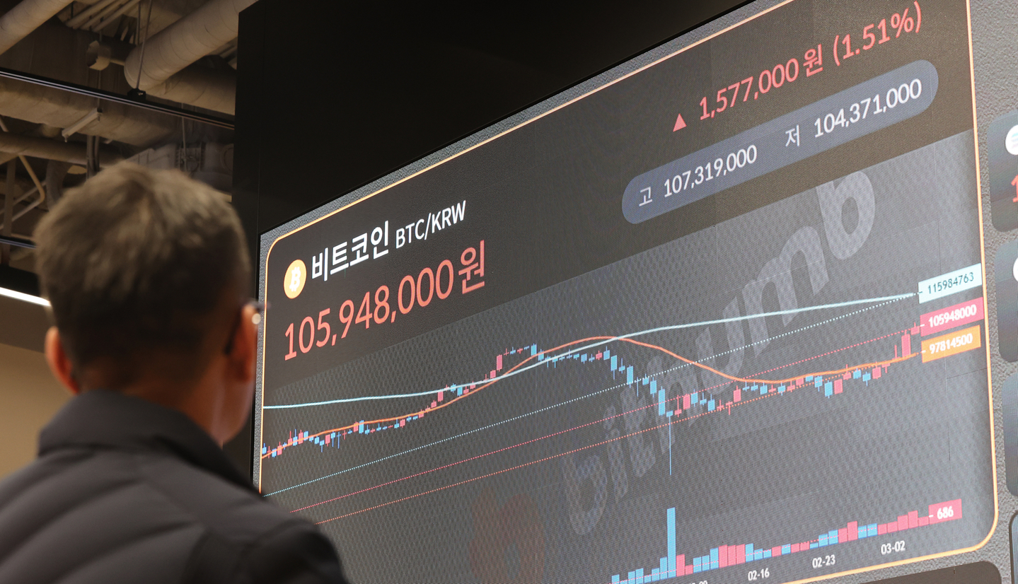 Bitcoin prices are displayed on an electronic board at the Bithumb Lounge in Seoul on March 5. [YONHAP] 