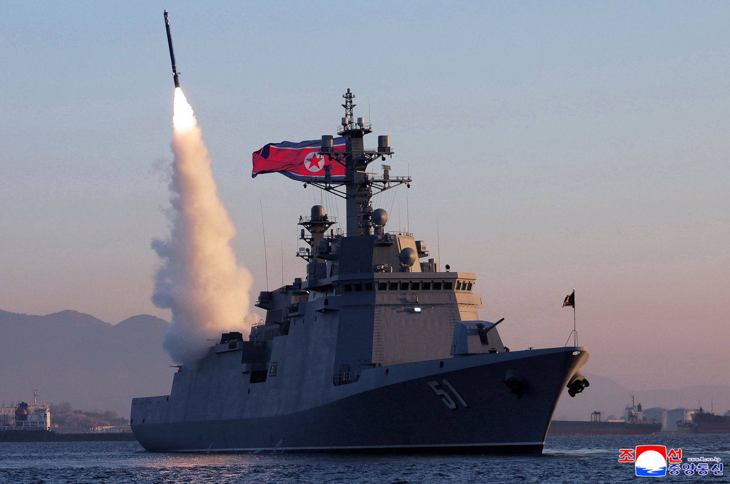 A missile test is launched from the country’s new 5,000-ton-class destroyer Choe Hyon on April 12, in this photo released by the Korean Central News Agency on April 14. [YONHAP]
