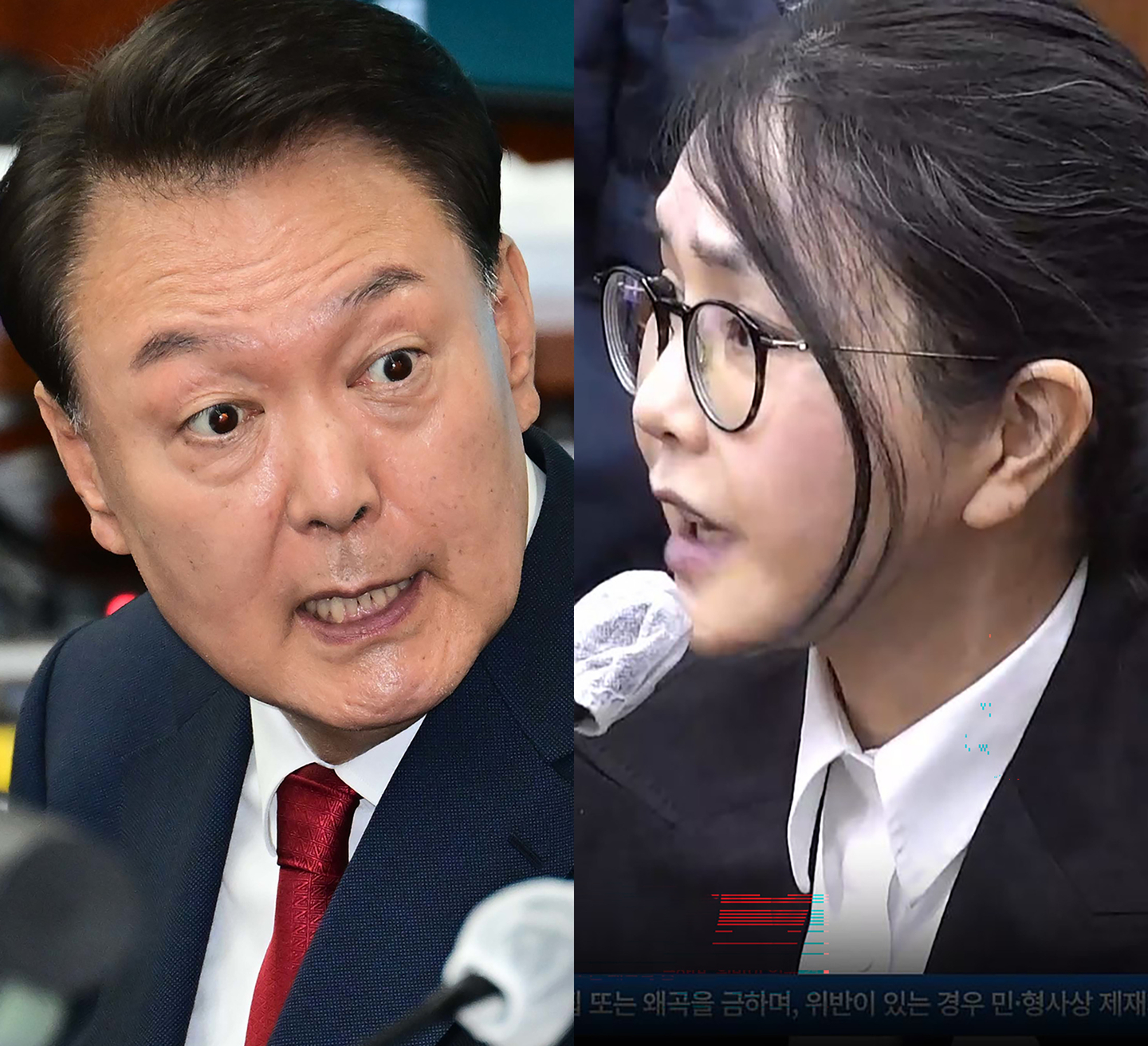 Former President Yoon Suk Yeol, left, sits in a courtroom at the Seoul Central District Court in Seocho District, southern Seoul, on April 21, 2025. Former First Lady Kim Keon Hee, right, appears as a witness during a hearing on April 13 at the same court. [NEWS1, YONHAP]