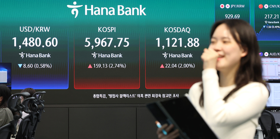 An electronic display board shows Korea’s financial market at Hana Bank’s dealing room on April 14. The benchmark index Kospi touched above 6,000 points during trading for the first time in a month. [YONHAP]