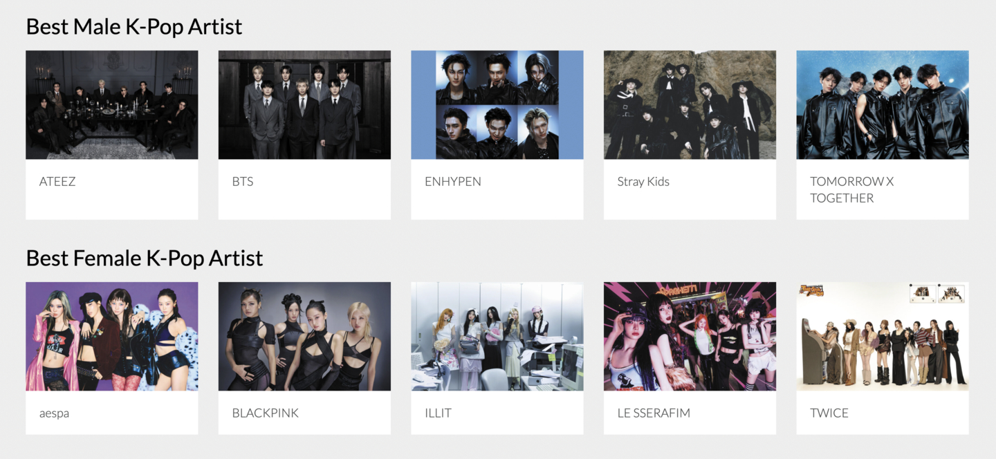 Nomination website for the best K-pop groups for the forthcoming American Music Awards [SCREEN CAPTURE]