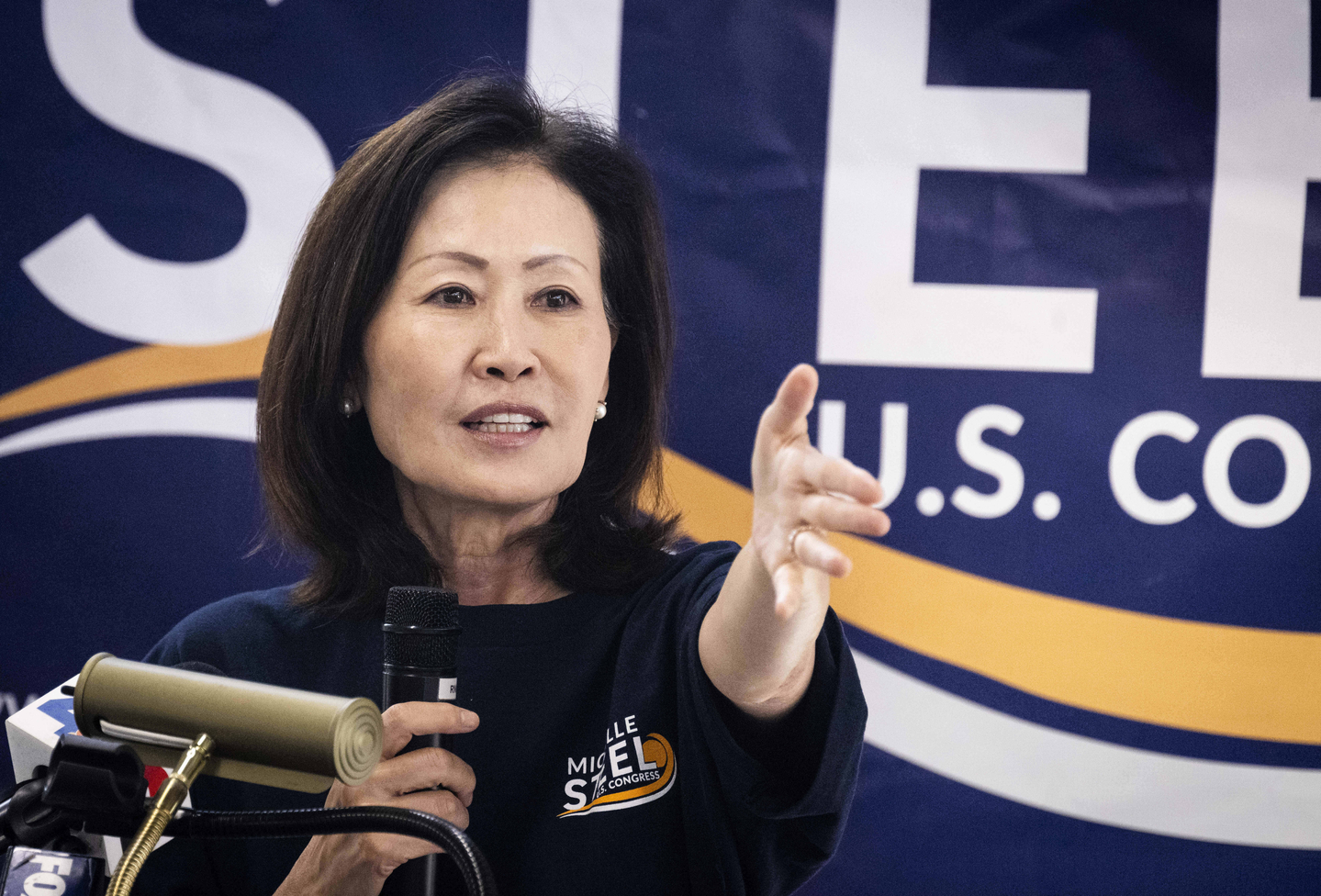 Michelle Park Steel addresses supporters at her election office in Buena Park, California, on Nov. 4, 2024. [AP/YONHAP]