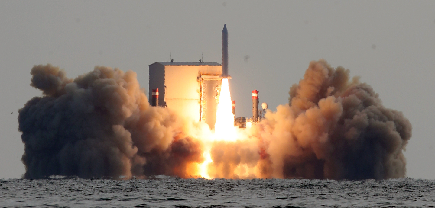The Korean military conducts the third test launch of a domestically developed solid-fuel space rocket from a maritime launch platform installed off the southern coast of Seogwipo, Jeju, on Dec. 4, 2023. [NEWS1]