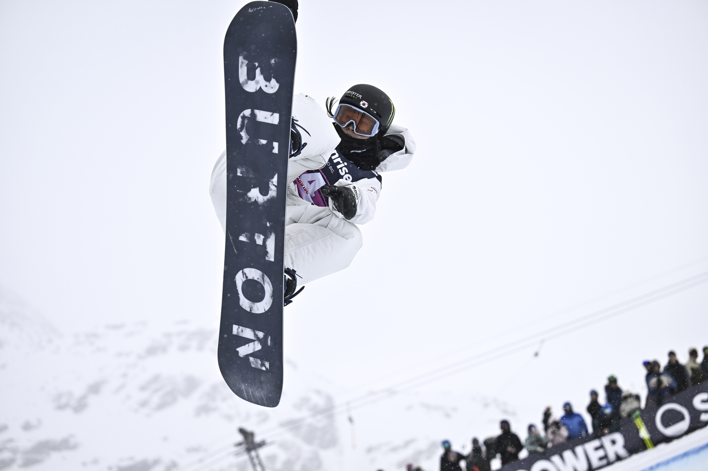 Snowboarder Choi Ga-on does a trick during the snowboard half-pipe competition at the FIS Snowboard, Freestyle and Freeski World Championships in St. Moritz, Switzerland, March 29, 2025. [AP/YONHAP] 