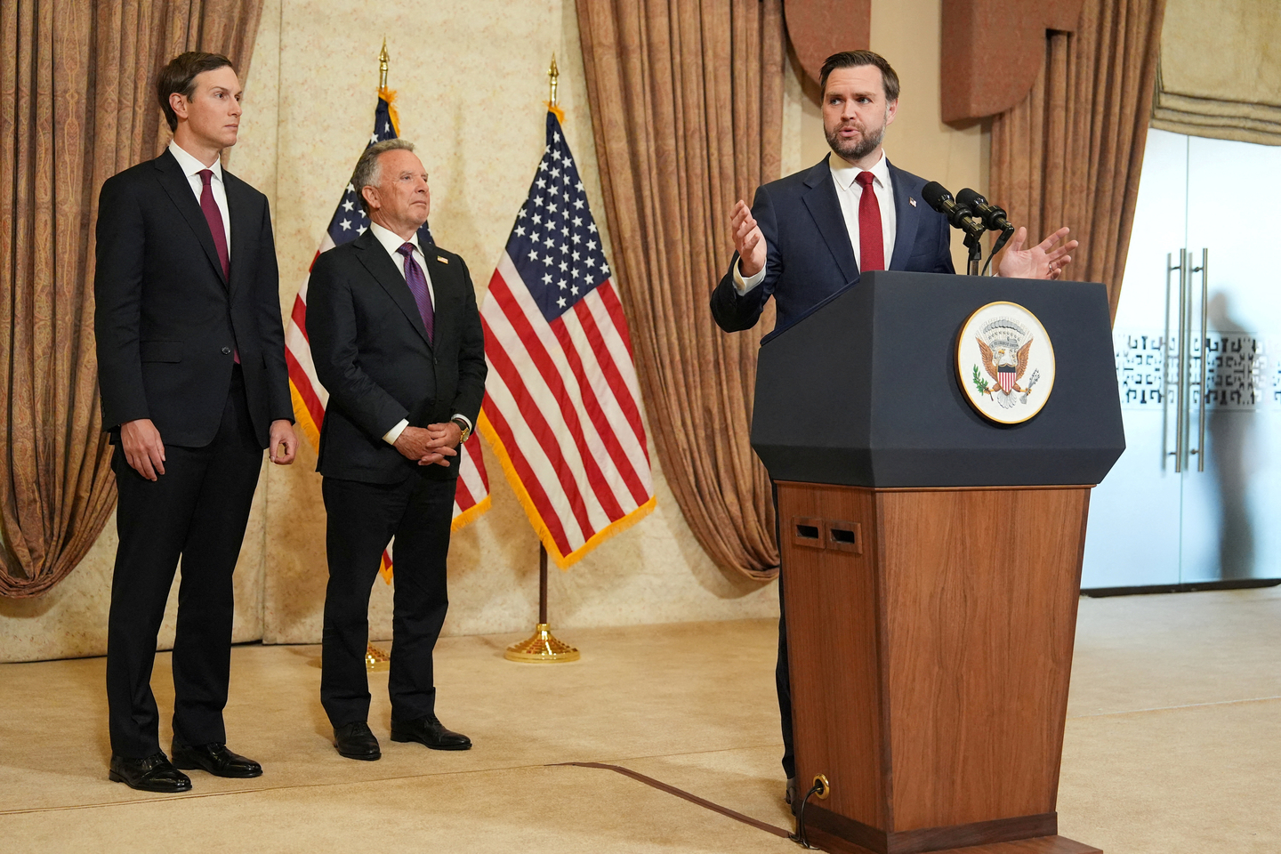 U.S. Vice President JD Vance speaks during a press conference after meeting with representatives from Pakistan and Iran as Jared Kushner and Steve Witkoff, Special Envoy for Peace Missions, listen, on Sunday, April 12, in Islamabad, Pakistan. [REUTERS/YONHAP]