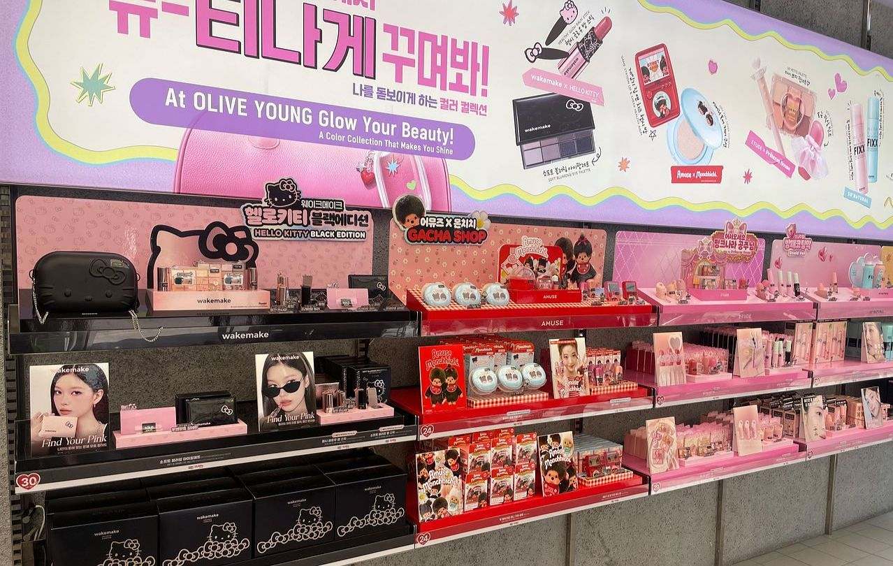Cosmetic products marketed in collaboration with popular characters line the shelves of an Olive Young store in Myeongdong in central Seoul on April 13. [YOO JI-YOEN]