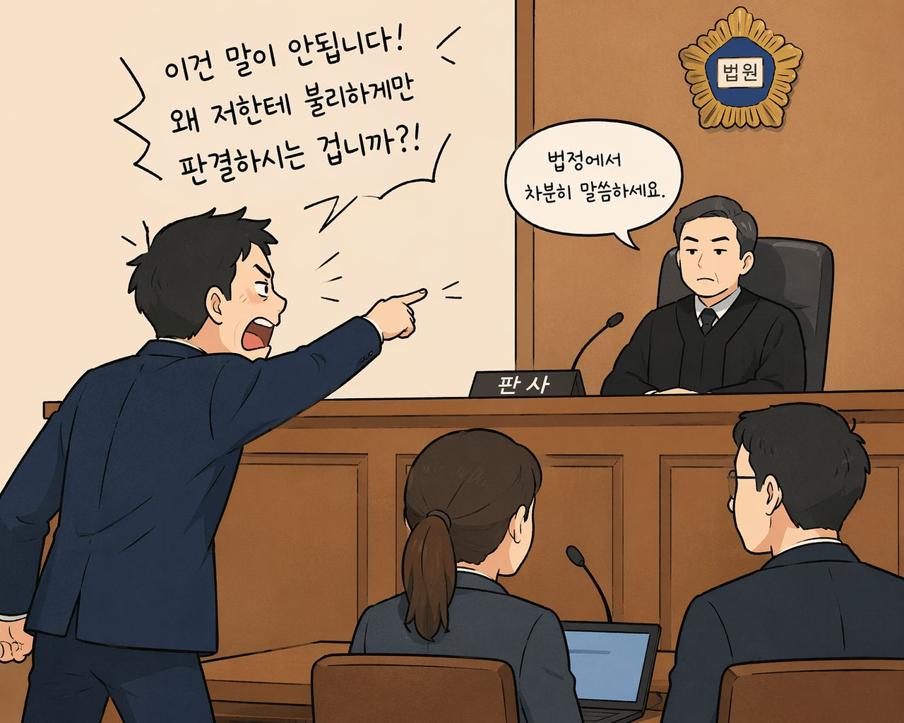 An illustration generated by ChatGPT in response to a prompt asking it to depict a litigant protesting against a judge. [JOONGANG ILBO] 