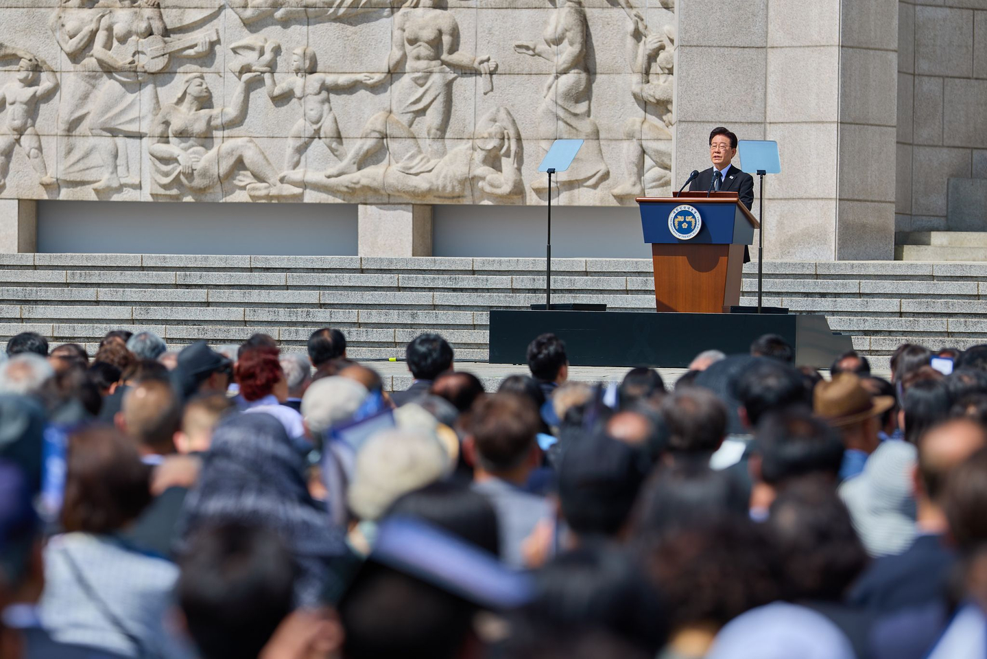 President Lee Jae Myung delivers a speech during a ceremony to mark the 66th anniversary of the 1960 pro-democracy uprising by students at the April 19th National Cemetery in Seoul on April 19. [BLUE HOUSE]