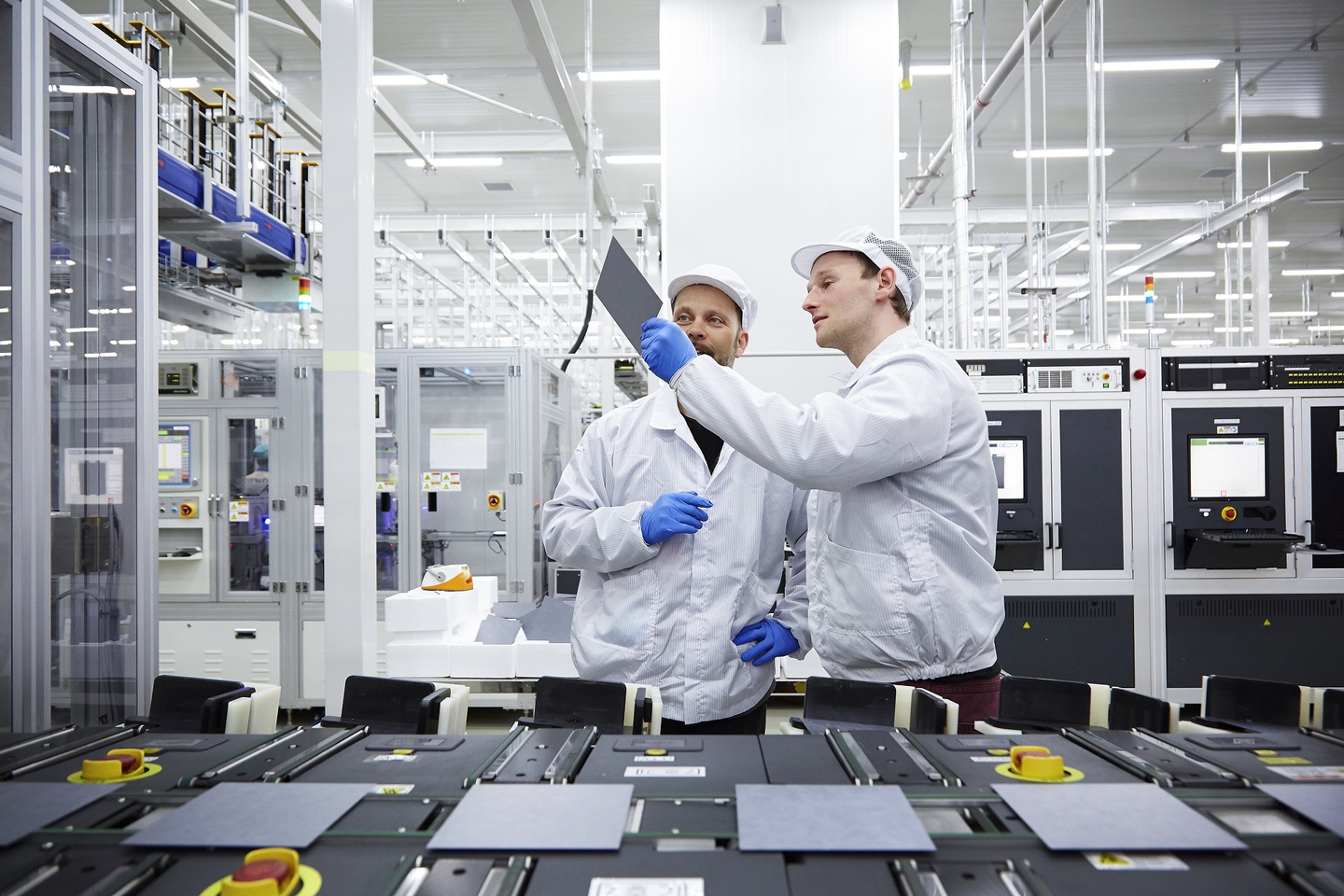 Researchers work in a production line for Hanwha Q Cells in an undated photo. [HANWHA SOLUTIONS]