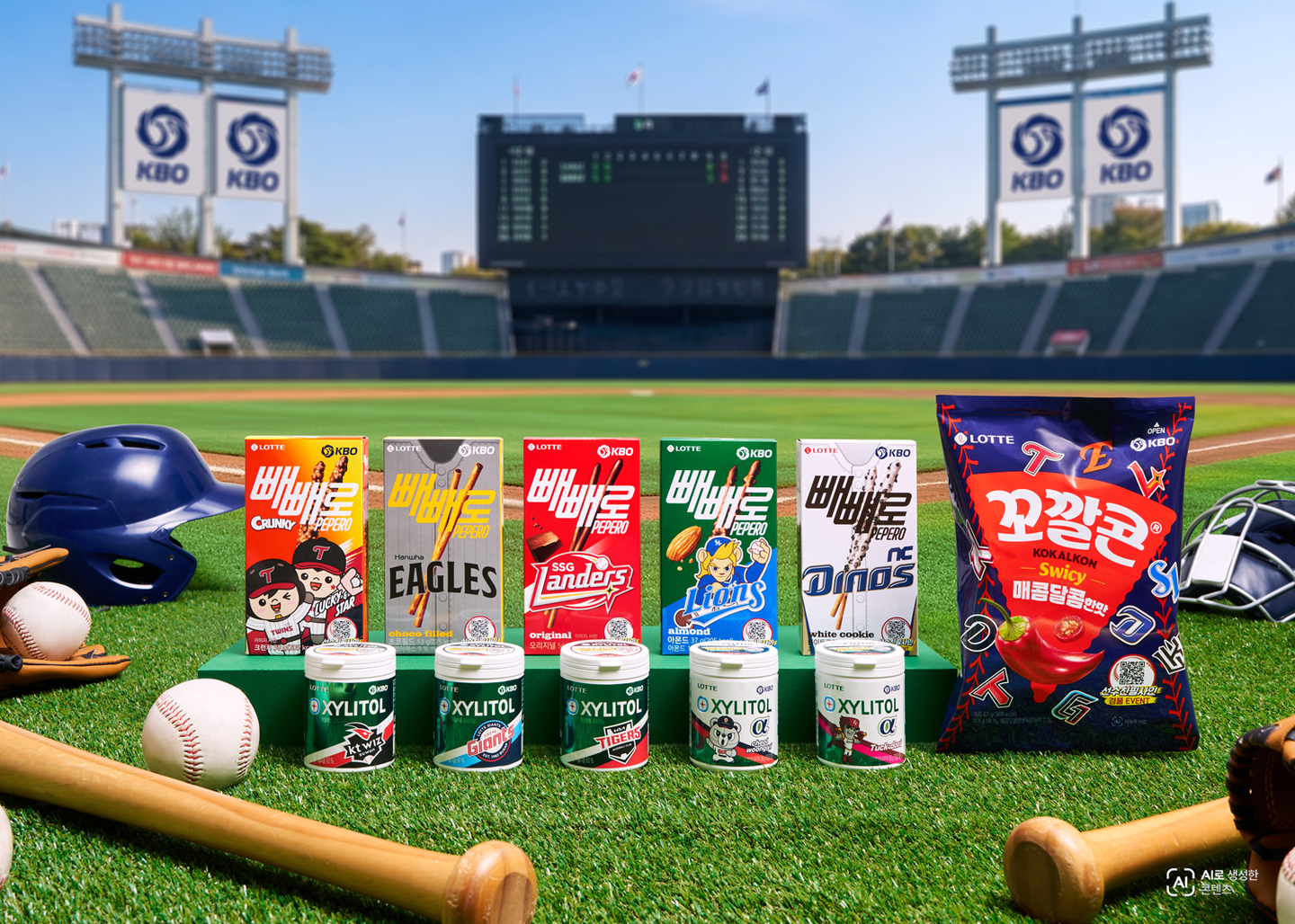 Lotte Wellfood announced on April 20 that it has released collaboration products with the Korea Baseball Organization and will host the “2026 KBO Snack All-Star Game” event. The photo shows the lineup of KBO collaboration products including Pepero and Kokalkon corn snack. [YONHAP]