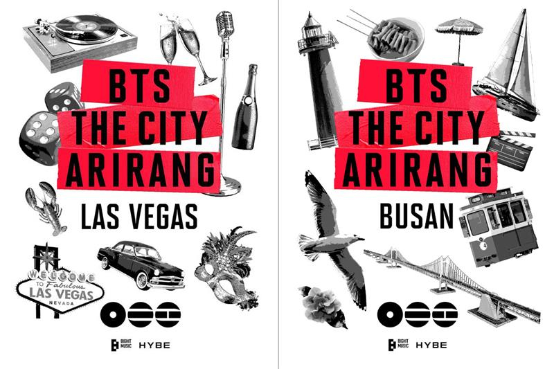 Posters for ″BTS the City Arirang,″ a citywide festival celebrating the release of BTS's album ″Arirang,″ in Las Vegas, left, and Busan [BIGHIT MUSIC]