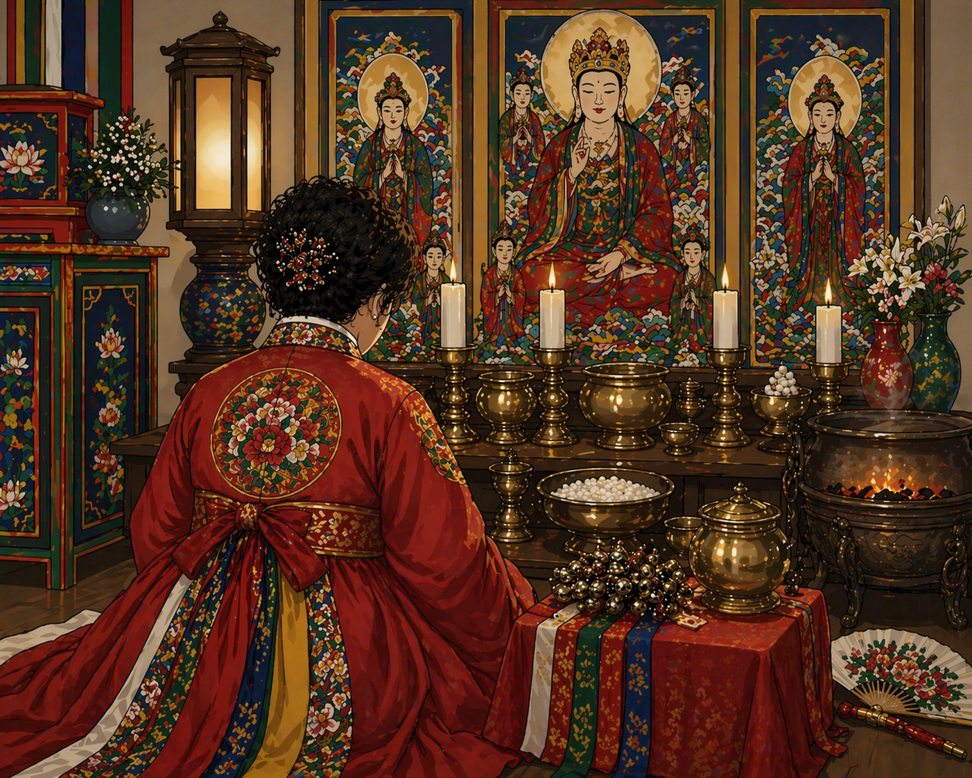 An AI-generated image of a Korean shaman performing a ritual at a shrine [CHATGPT] 