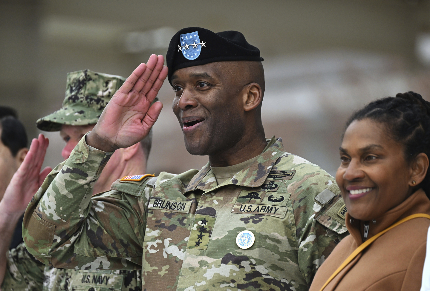 Then-incoming commander Gen. Xavier Brunson, center, salutes during a change-of-command ceremony for the United Nations Command, Combined Forces Command, and the United States Forces Korea at Camp Humphreys in Pyeongtaek, Gyeonggi, on Dec. 20, 2024. [AP/YONHAP]