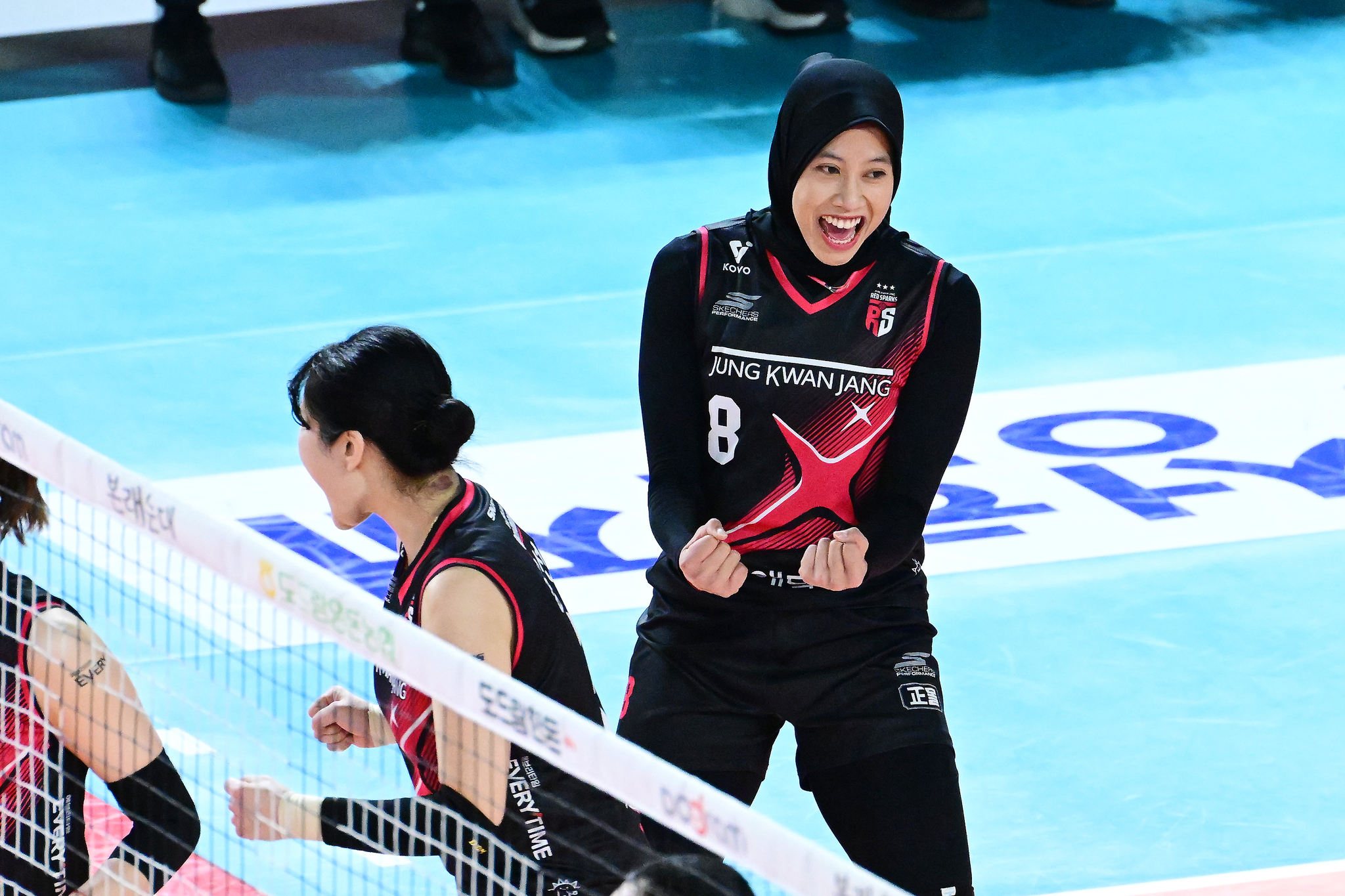 Megawati Hangestri Pertiwi of the Daejeon Jung Kwan Jang Red Sparks celebrates during a game against the Gwangju Pepper Savings Bank AI Peppers in Daejeon on Jan. 26, 2025. [YONHAP] 