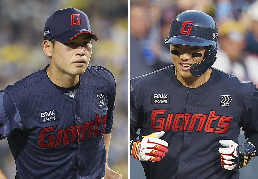 Lotte Giants' players Kim Jin-uk, left, and Son Seoung-bin [YONHAP]