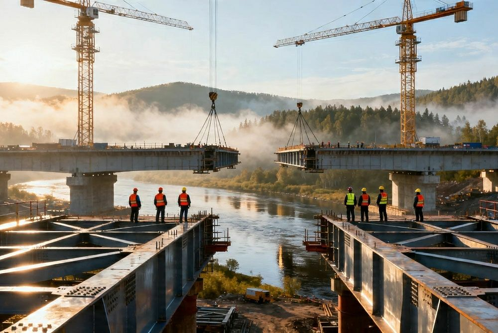 A road bridge between Rason, North Korea, and Khasan, Russia, nears completion in this photo released on April 23 by the Rodong Sinmun, the official newspaper of the North's ruling Workers' Party. [NEWS1]