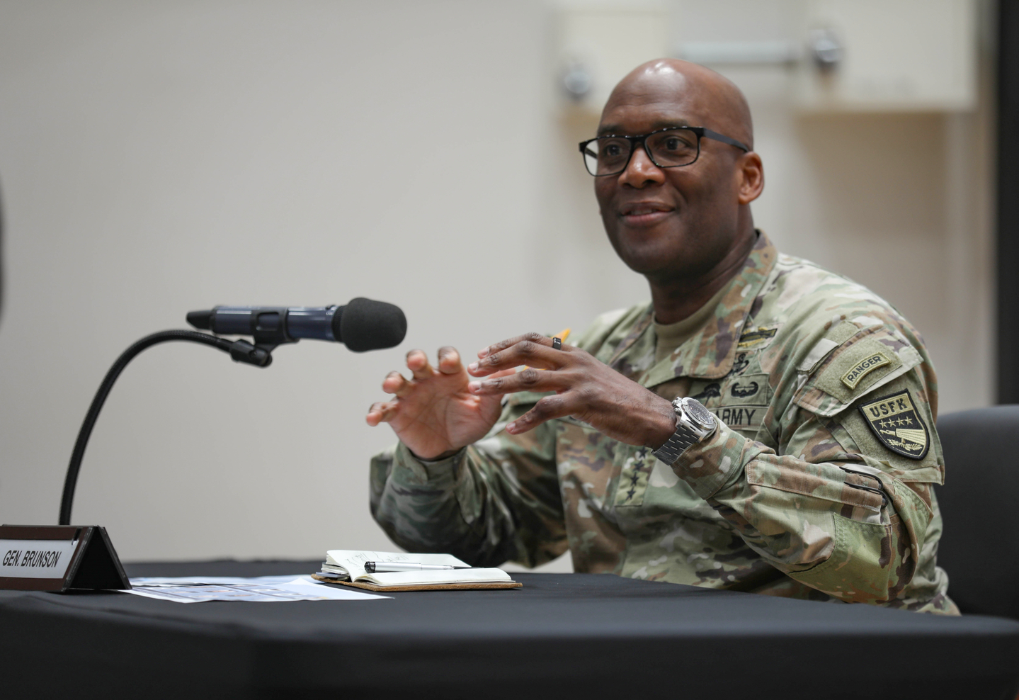 Gen. Xavier Brunson, commander of the U.S. Forces Korea, speaks to reporters during a press conference at Camp Humphreys in Pyeongtaek, Gyeonggi on Aug. 8, 2025. [YONHAP]
