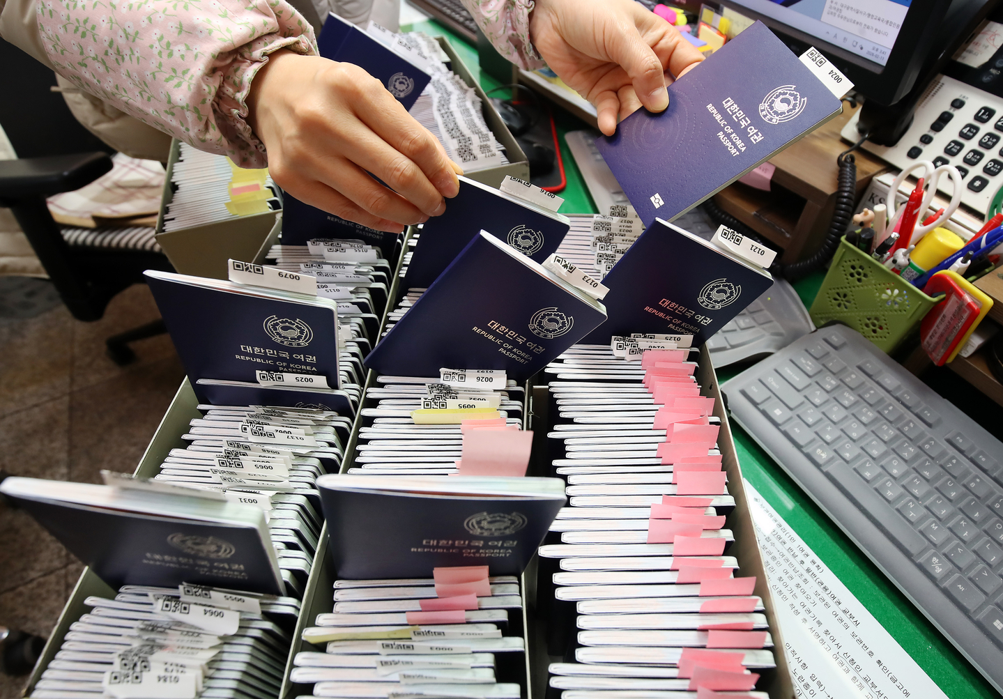 A staff member organizes newly issued passports at the issuance desk of the Dalseo District Office in Daegu on Feb. 11. [NEWS1] 