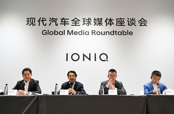 Hyundai Motor executives including CEO José Muñoz, second from left, speak about their strategies for the Chinese market during a press interview on the sidelines of Auto China 2026 in Beijing on April 24. [HYUNDAI MOTOR]