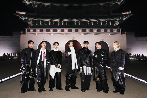 Members of boy band BTS pose for a photograph during their performance titled, ″BTS The Comeback Live: Arirang,″ in central Seoul on March 21. [NETFLIX/BIGHIT MUSIC] 