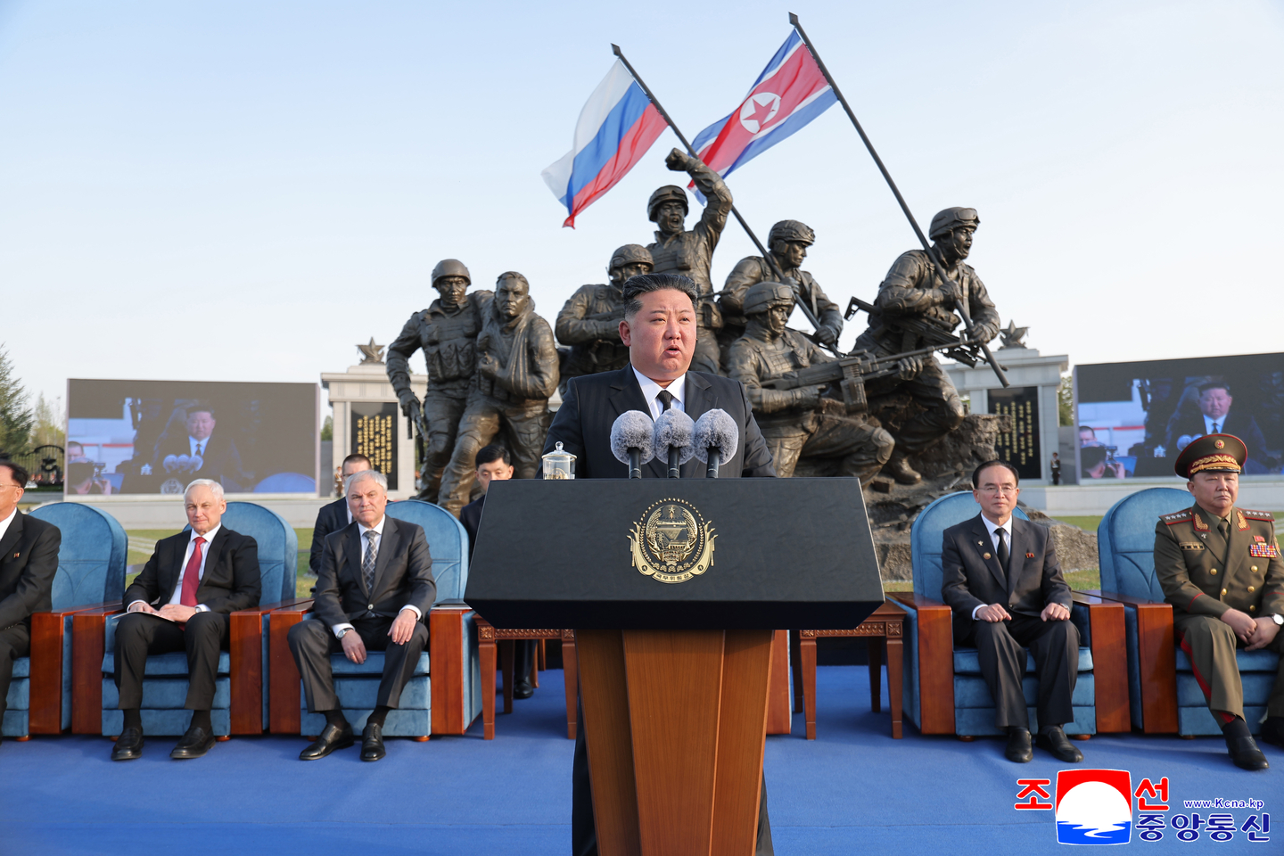North Korean leader Kim Jong-un speaks during the opening ceremony of a memorial museum for North Korean troops killed fighting in Russia in Pyongyang on April 26. [YONHAP]