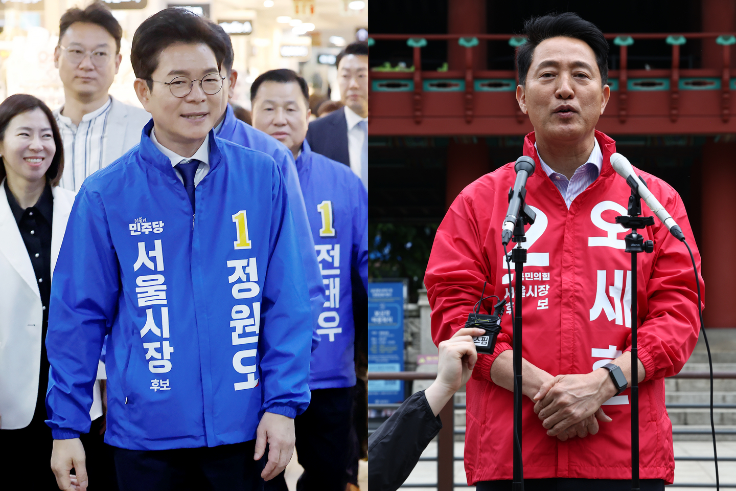 Seoul mayor candidates Chong Won-o of the Democratic Party, left, and Oh Se-hoon of the People Power Party [NEWS1]