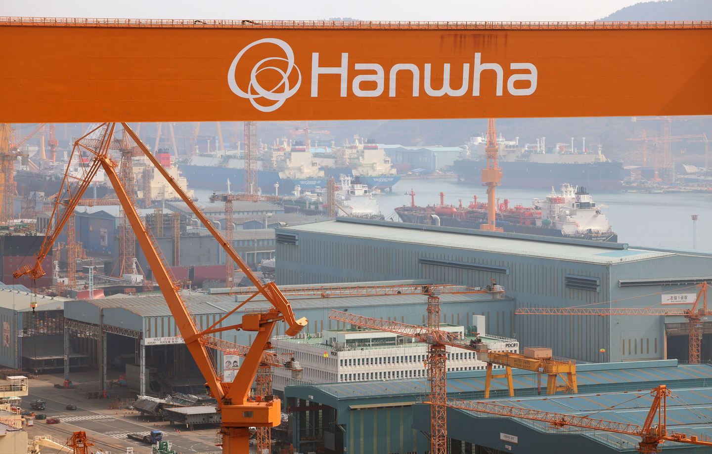 Hanwha Ocean's shipyard is seen in Geoje, South Gyeongsang on March 12. [YONHAP]