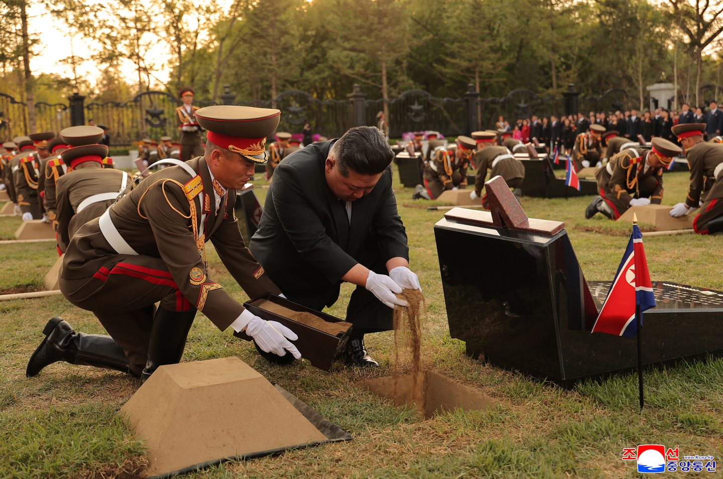 Kim Jong-un, right, attends the opening ceremony of a memorial museum for North Korean troops killed fighting in Russia in Pyongyang on April 26. [YONHAP]