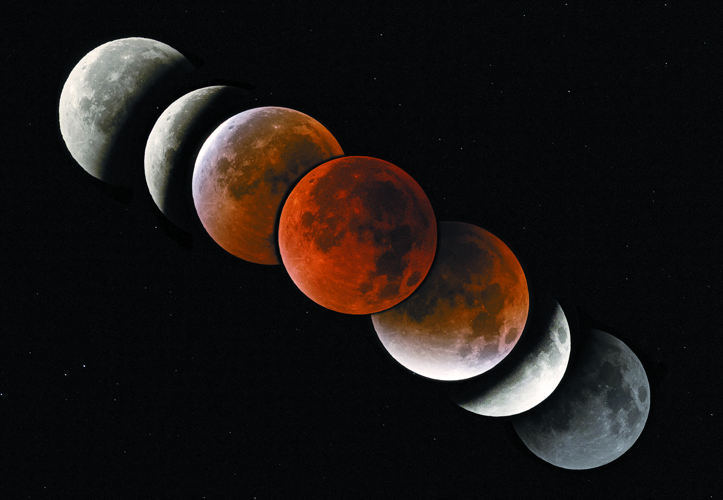 A total lunar eclipse is underway as Earth’s shadow covers the moon in the sky above Bohyeonsan Observatory in Yeongcheon, North Gyeongsang, on Sept. 8, 2025. The image is a composite of seven photographs taken between 1:26 a.m. and 5:30 a.m. that day to show the progression of the eclipse. [YONHAP]