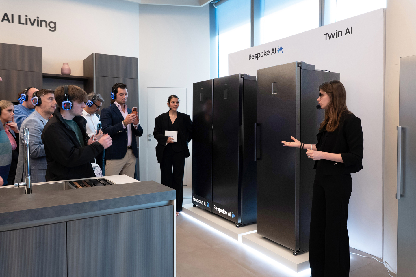 Samsung Electronics showcases its Bespoke AI Refrigerator One Door at a showroom in Milan on April 21. [SAMSUNG ELECTRONICS]