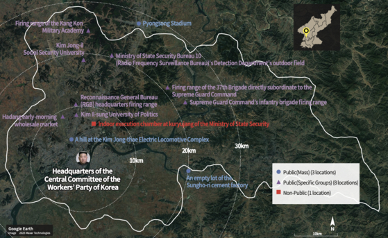 The 12 execution sites within Pyongyang and in the adjacent areas by execution type [TRANSITIONAL JUSTICE WORKING GROUP]