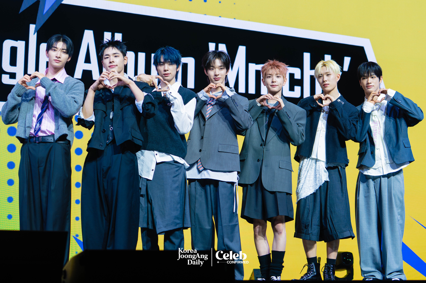 Boy band NEXZ poses for photos during a showcase for the release of its second single “Mmchk” at Blue Square in central Seoul on April 27. [DANIELA GONZALEZ PEREZ]