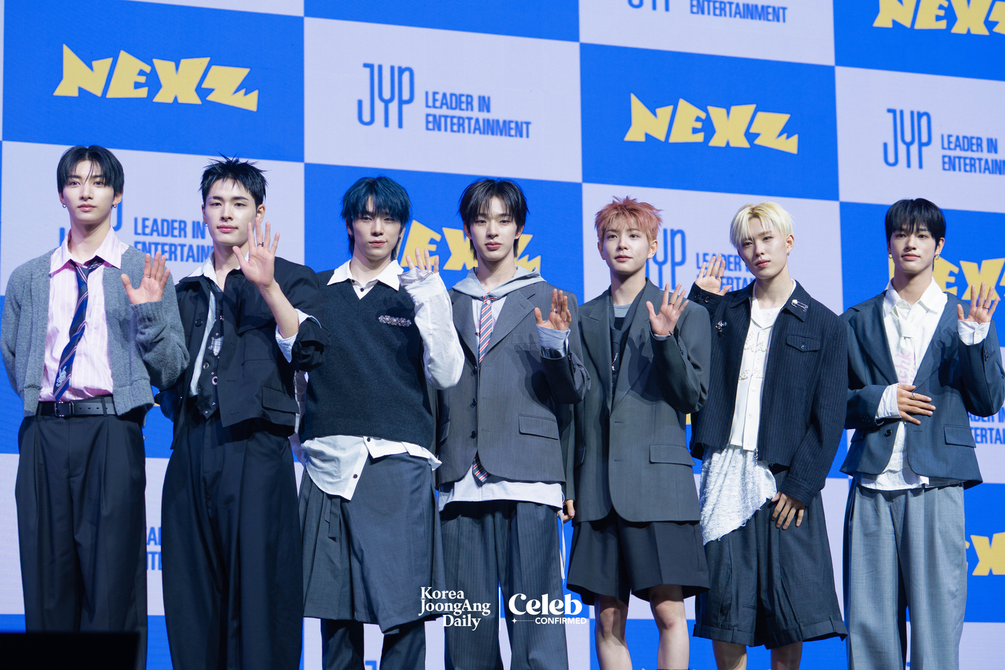 Boy band NEXZ poses for photos during a showcase for the release of its second single “Mmchk” at Blue Square in central Seoul on April 27. [DANIELA GONZALEZ PEREZ]