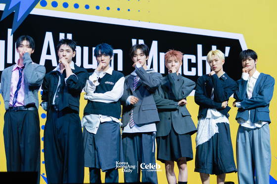 Boy band NEXZ poses for photos during a showcase for the release of its second single “Mmchk” at Blue Square in central Seoul on April 27. [DANIELA GONZALEZ PEREZ]