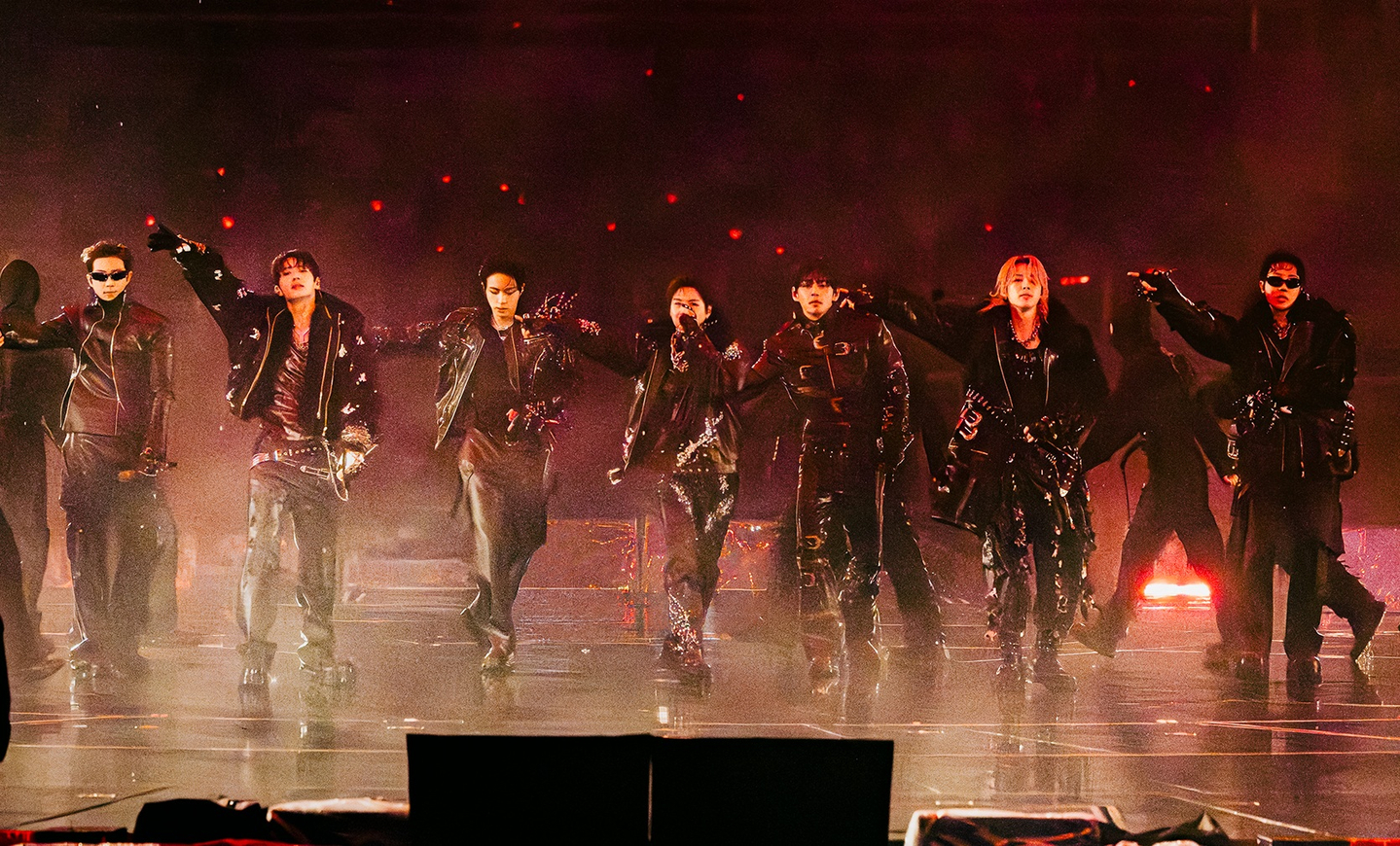 Members of boy band BTS perform at the band's "Arirang" world tour concert held in Goyang, Gyeonggi, on April 9, 2026. [BIGHIT MUSIC]