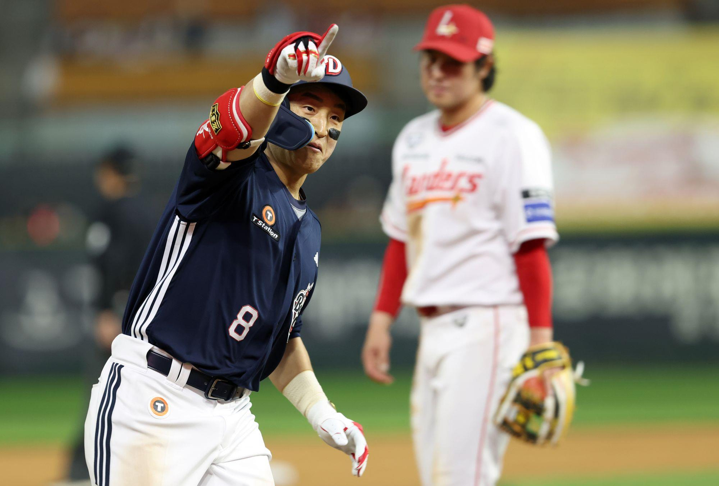 Son Ah-seop of the Doosan Bears celebrates after hitting a two-run home run against the SSG Landers during the clubs' Korea Baseball Organization regular-season game at Incheon SSG Landers Field in the western city of Incheon on April 14 in this file photo provided by the Bears. [YONHAP]