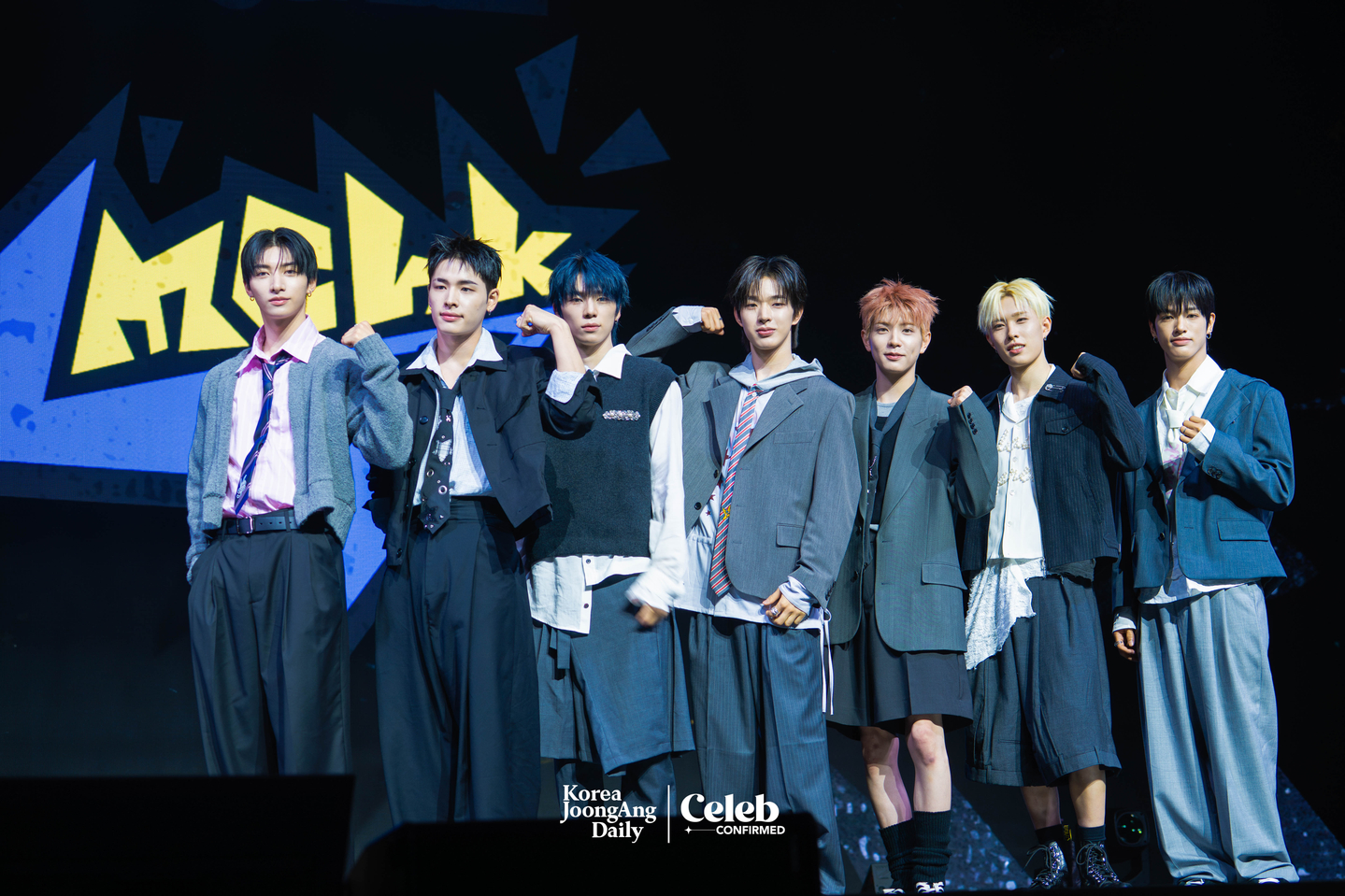 Boy band NEXZ poses for photos during a showcase for the release of its second single “Mmchk” at Blue Square in central Seoul on April 27. [DANIELA GONZALEZ PEREZ]