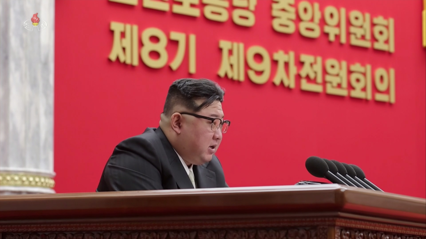 Kim Jong-un attends an expanded plenary meeting of the ninth session of the eighth Central Committee of the Workers’ Party of Korea at the party headquarters in Pyongyang, North Korea, on Dec. 26, 2023, according to a report by Korean Central Television the following day. At the meeting, Kim said inter-Korean relations had “completely hardened into relations between two hostile states and two belligerents at war, no longer those of the same people or a shared community.” [KOREAN CENTRAL TELEVISION CAPTURE]