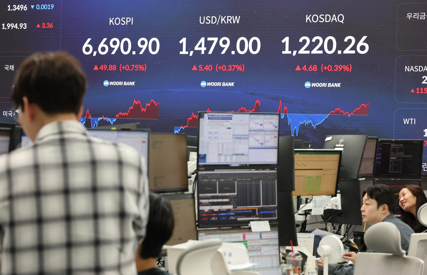A screen at Woori Bank's dealing room in Jung District, central Seoul shows the Kospi opening on April 30. [YONHAP]