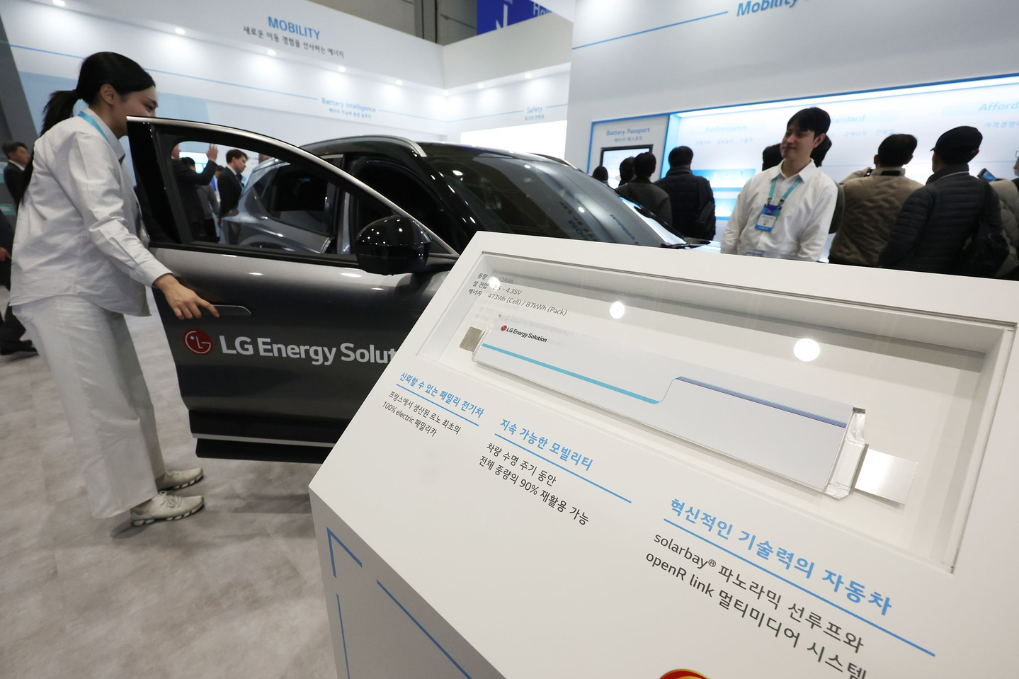 Visitors look around the LG Energy Solution booth at a battery industry exhibition held at Coex in Gangnam District, Seoul, on March 11. [YONHAP]