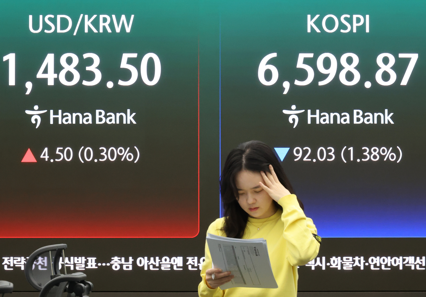 An electric display board shows Kospi at 6,598.87 in Hana Bank's dealing room in Jung District, central Seoul, on April 30. [YONHAP]