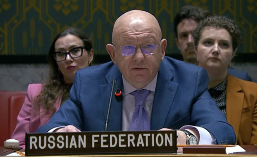 Russia’s ambassador to the United Nations Vasily Nebenzya speaks during a Security Council meeting in New York on April 30. [SCREEN CAPTURE]