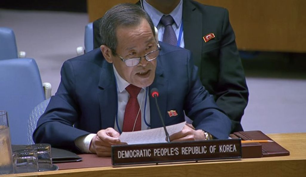 North Korea’s representative to the United Nations, Kim Song, speaks during a Security Council meeting in New York on April 30. [SCREEN CAPTURE]