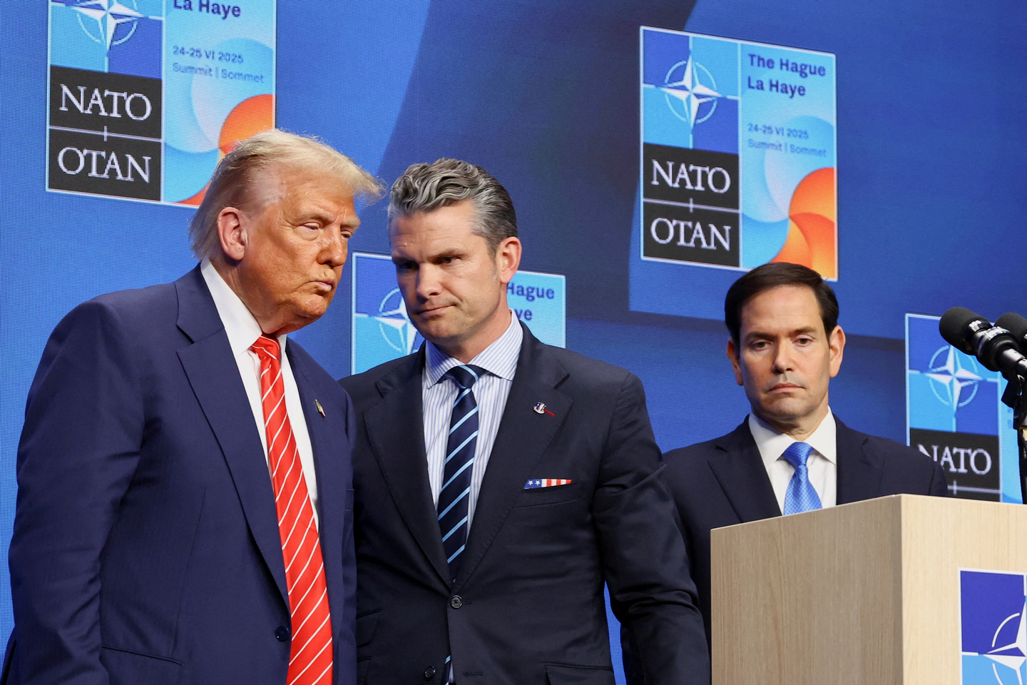 U.S. President Donald Trump, left, U.S. Secretary of Defense Pete Hegseth, center, and U.S. Secretary of State Marco Rubio attend a press conference at the NATO summit in The Hague, Netherlands, on June 25, 2025. [REUTERS/YONHAP]