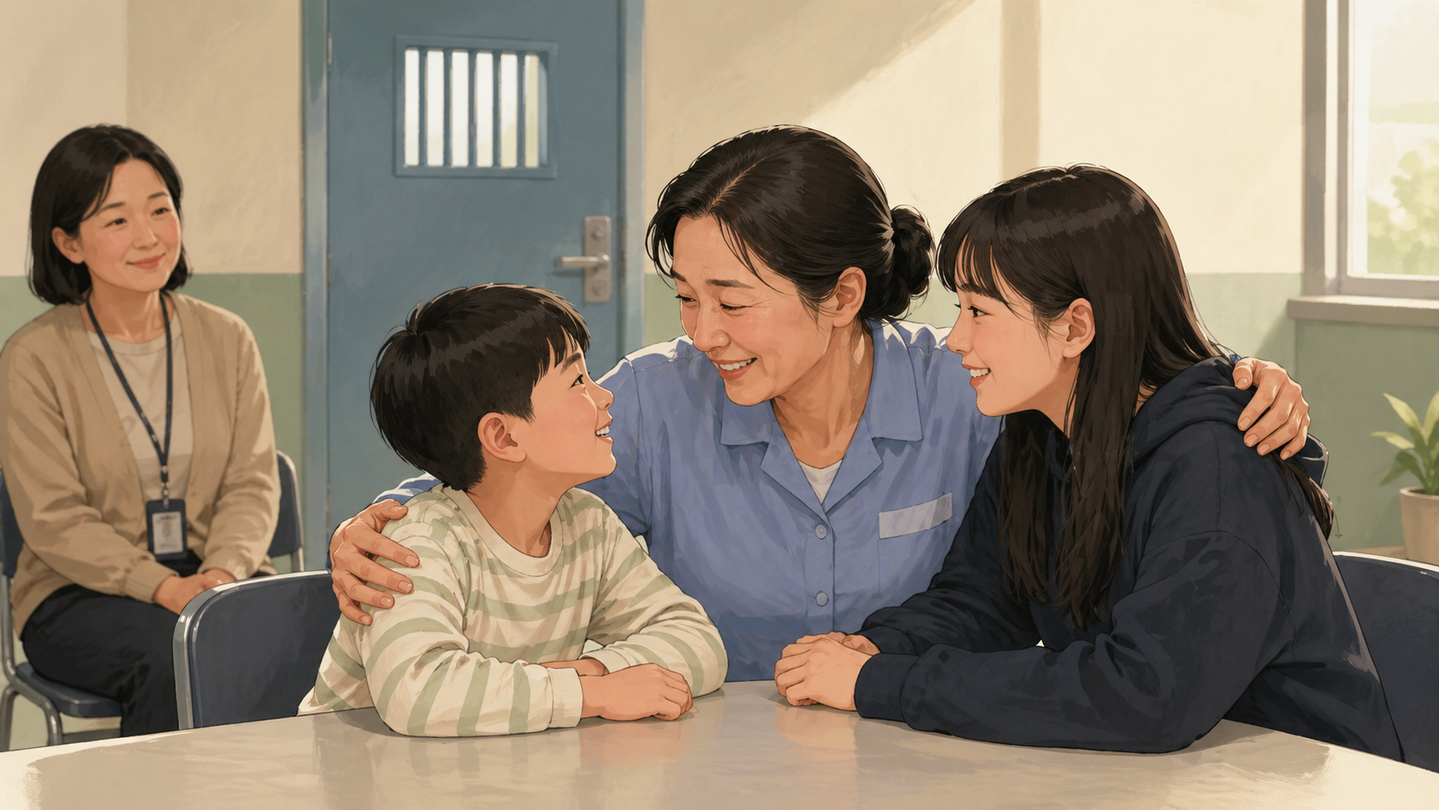 A prison inmate is seen greeting her kids in a ChatGPT generated illustration [CHATGPT]