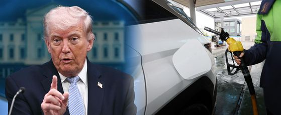 From left, U.S. President Donald Trump speaks about the conflict in Iran at the White House on April 6 in Washington; A man fills a car with fuel at a gas station in Gwangju on April 9. [AFP/YONHAP]